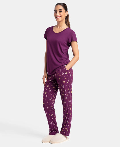 Micro Modal Cotton Short Sleeve T-Shirt & Pyjama Sleep Set - Purple Wine