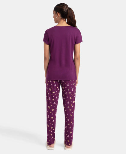 Micro Modal Cotton Short Sleeve T-Shirt & Pyjama Sleep Set - Purple Wine