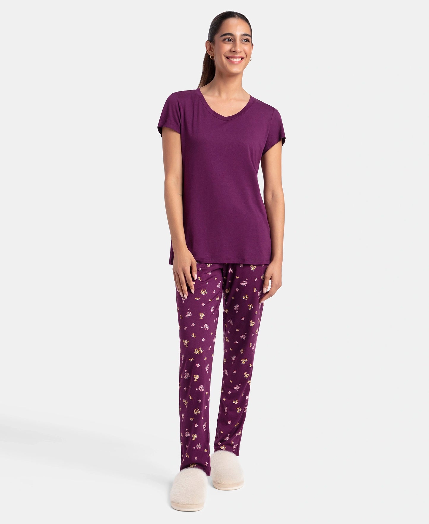 Micro Modal Cotton Short Sleeve T-Shirt & Pyjama Sleep Set - Purple Wine