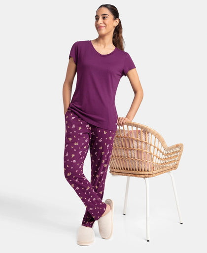 Micro Modal Cotton Short Sleeve T-Shirt & Pyjama Sleep Set - Purple Wine