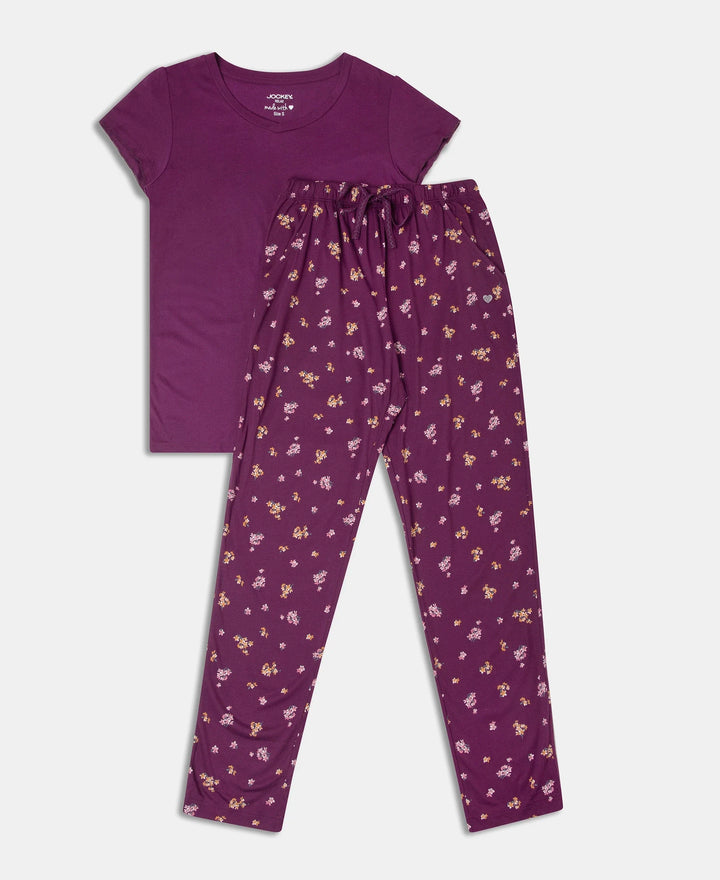 Micro Modal Cotton Short Sleeve T-Shirt & Pyjama Sleep Set - Purple Wine