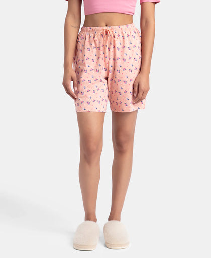 Super Combed Cotton Relaxed Fit Printed Sleep Shorts with Side Pockets - Coral Almond