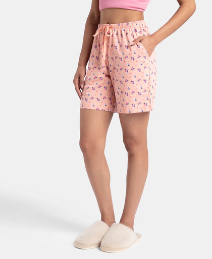 Super Combed Cotton Relaxed Fit Printed Sleep Shorts with Side Pockets - Coral Almond