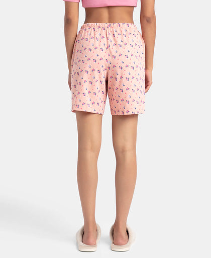 Super Combed Cotton Relaxed Fit Printed Sleep Shorts with Side Pockets - Coral Almond