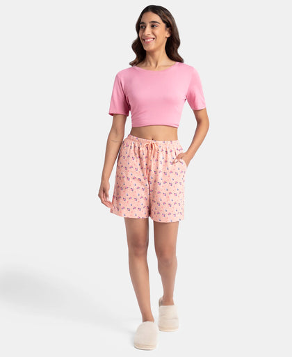 Super Combed Cotton Relaxed Fit Printed Sleep Shorts with Side Pockets - Coral Almond