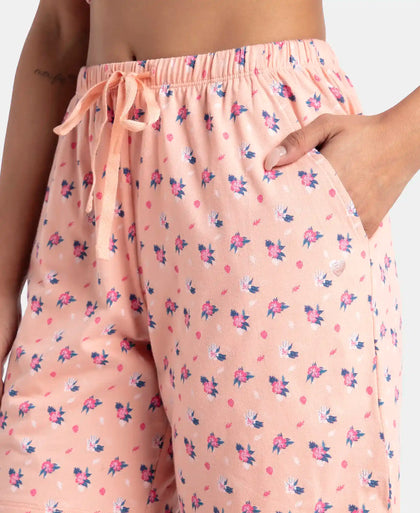 Super Combed Cotton Relaxed Fit Printed Sleep Shorts with Side Pockets - Coral Almond