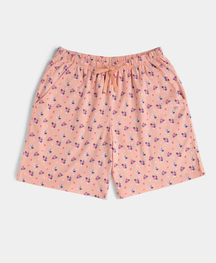 Super Combed Cotton Relaxed Fit Printed Sleep Shorts with Side Pockets - Coral Almond