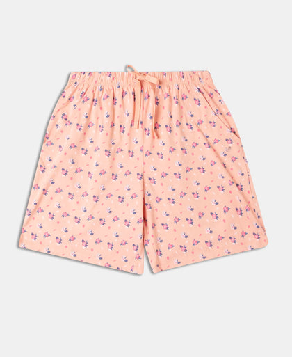 Super Combed Cotton Relaxed Fit Printed Sleep Shorts with Side Pockets - Coral Almond