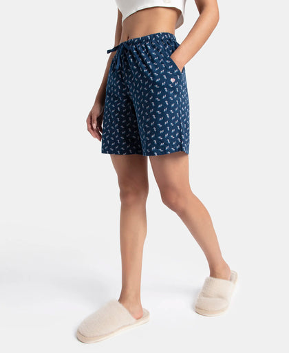 Super Combed Cotton Relaxed Fit Printed Sleep Shorts with Side Pockets - Pageant Blue