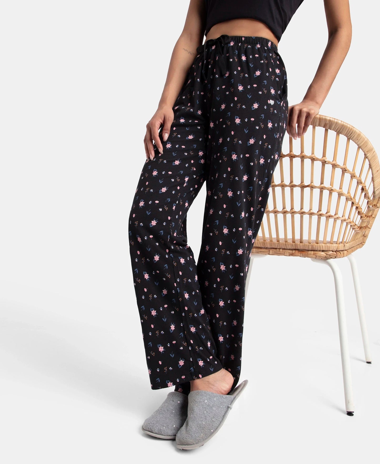 Super Combed Cotton Printed Pyjama with Side Pockets - Black