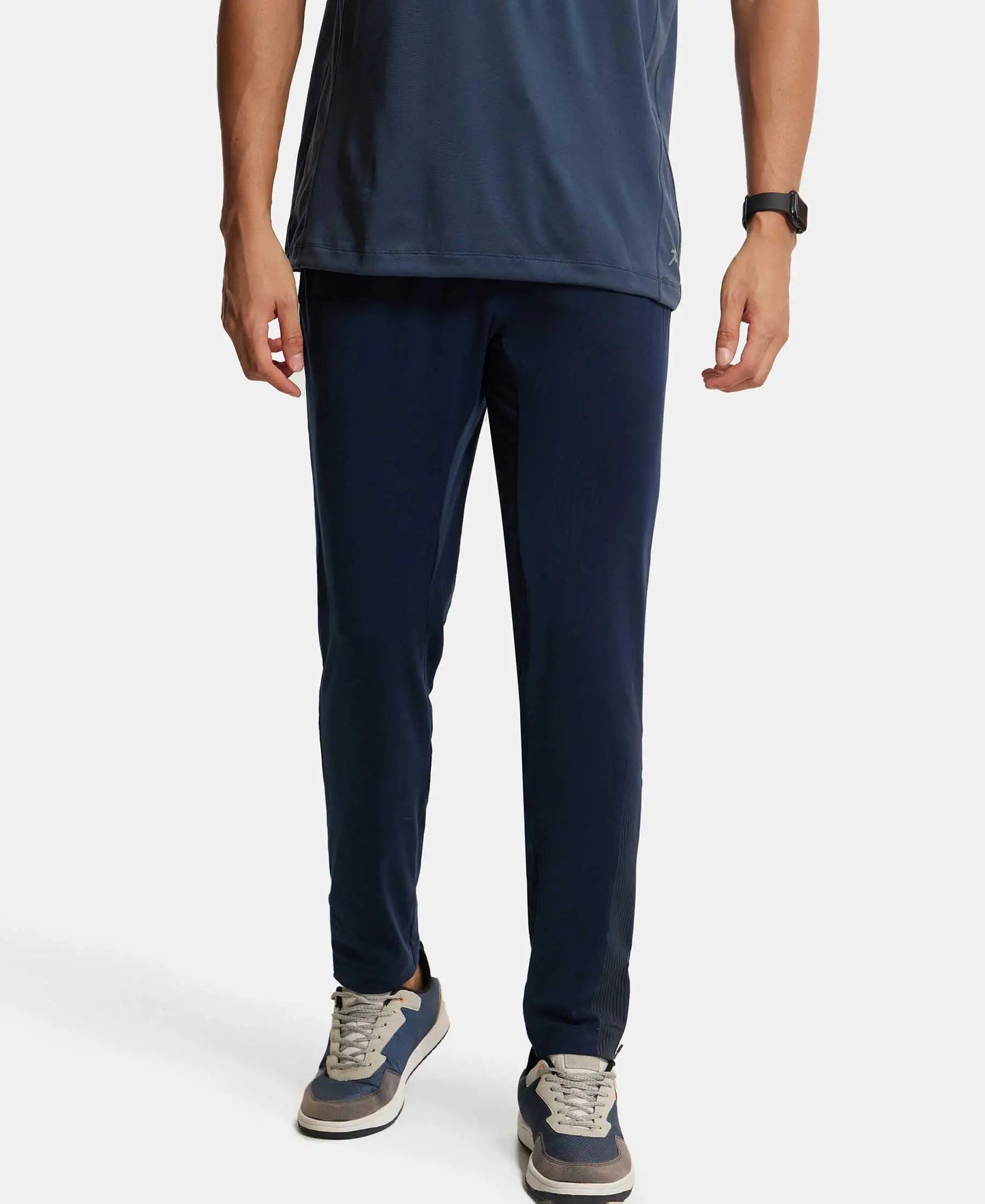 Soft Touch Microfiber Elastane Stretch Trackpant with Side Pockets and StayFresh Treatment - Navy-5