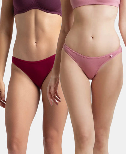 Pack of 2 Super Combed Cotton Elastane Stretch Low Waist Bikini With Concealed Waistband and StayFresh Treatment - Beet Red & Heather Rose