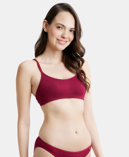 Wirefree Non Padded Super Combed Cotton Elastane Stretch Full Coverage Beginners Bra with Adjustable Straps - Beet Red