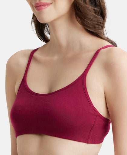 Wirefree Non Padded Super Combed Cotton Elastane Stretch Full Coverage Beginners Bra with Adjustable Straps - Beet Red