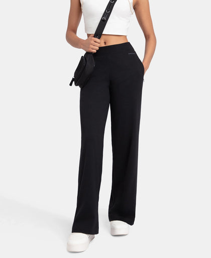 Super Combed Cotton Rich Relaxed Fit Wide Leg Pants with Zipper Pockets - Black