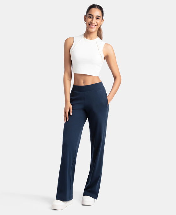 Super Combed Cotton Rich Relaxed Fit Wide Leg Pants with Zipper Pockets - Navy