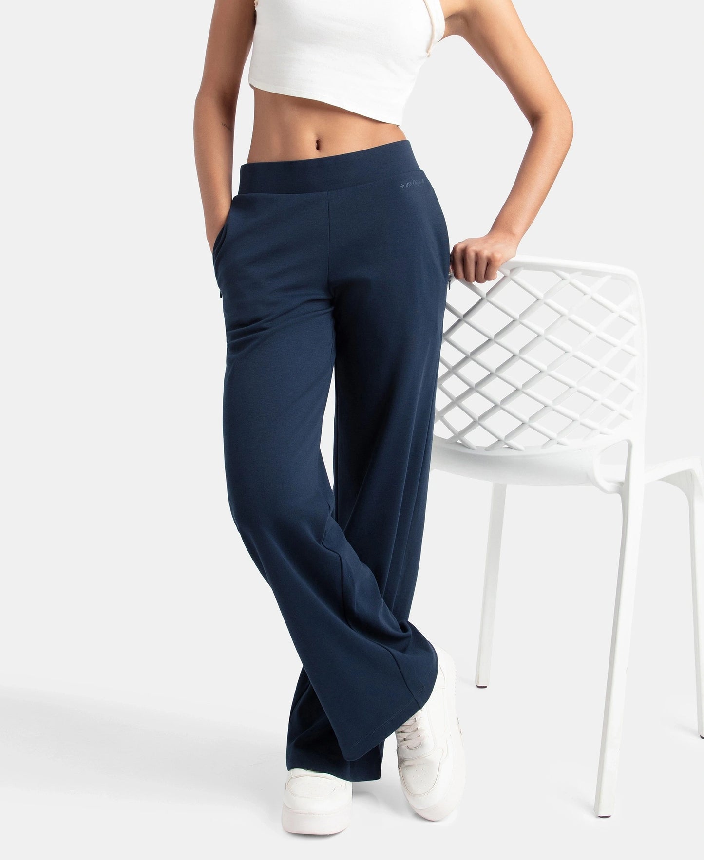 Super Combed Cotton Rich Relaxed Fit Wide Leg Pants with Zipper Pockets - Navy