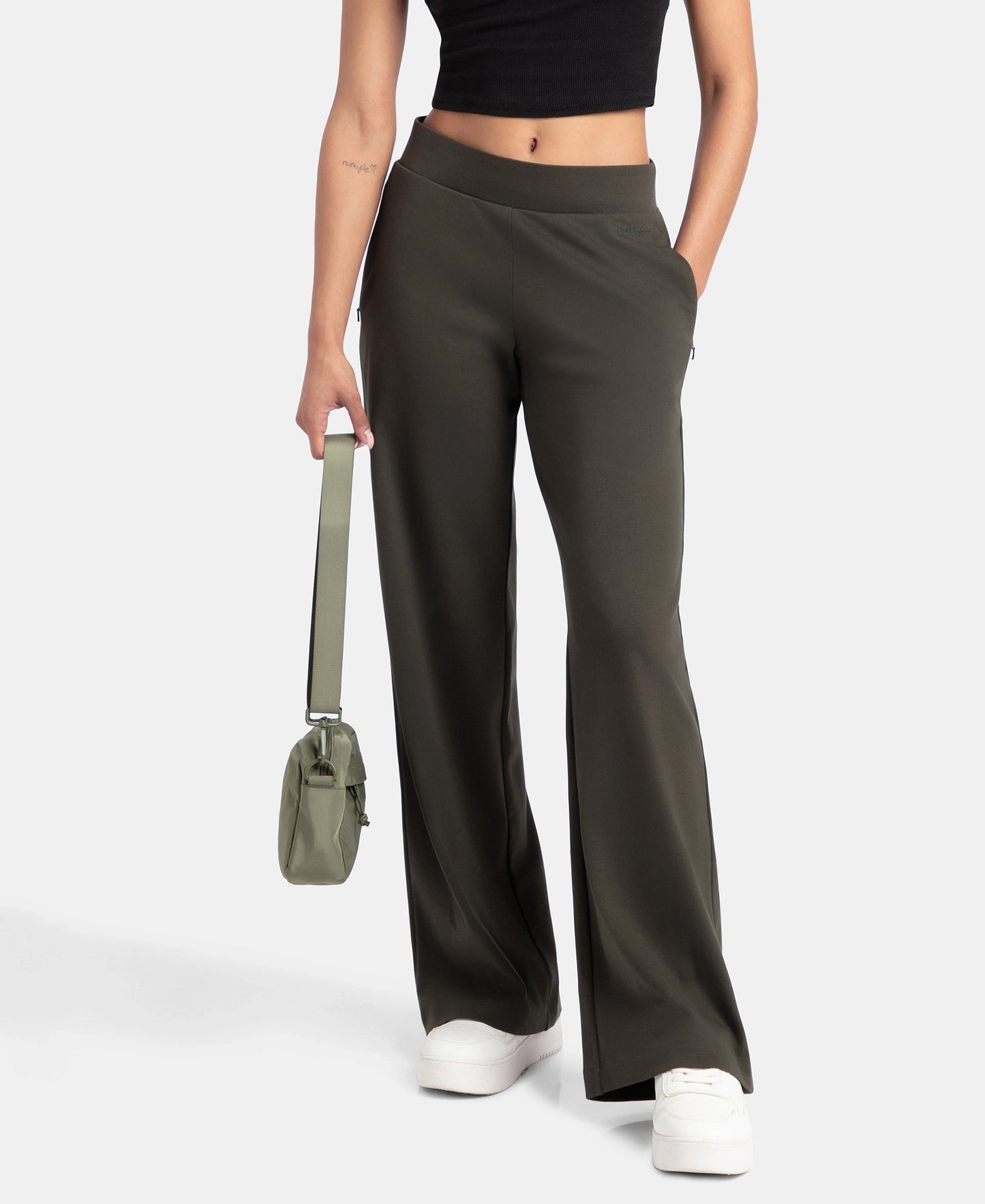 Super Combed Cotton Rich Relaxed Fit Wide Leg Pants with Zipper Pockets - Olive