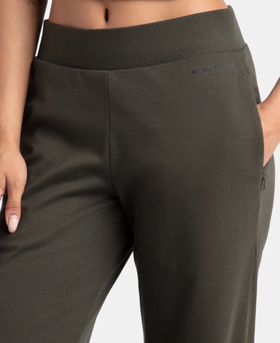 Super Combed Cotton Rich Relaxed Fit Wide Leg Pants with Zipper Pockets - Olive