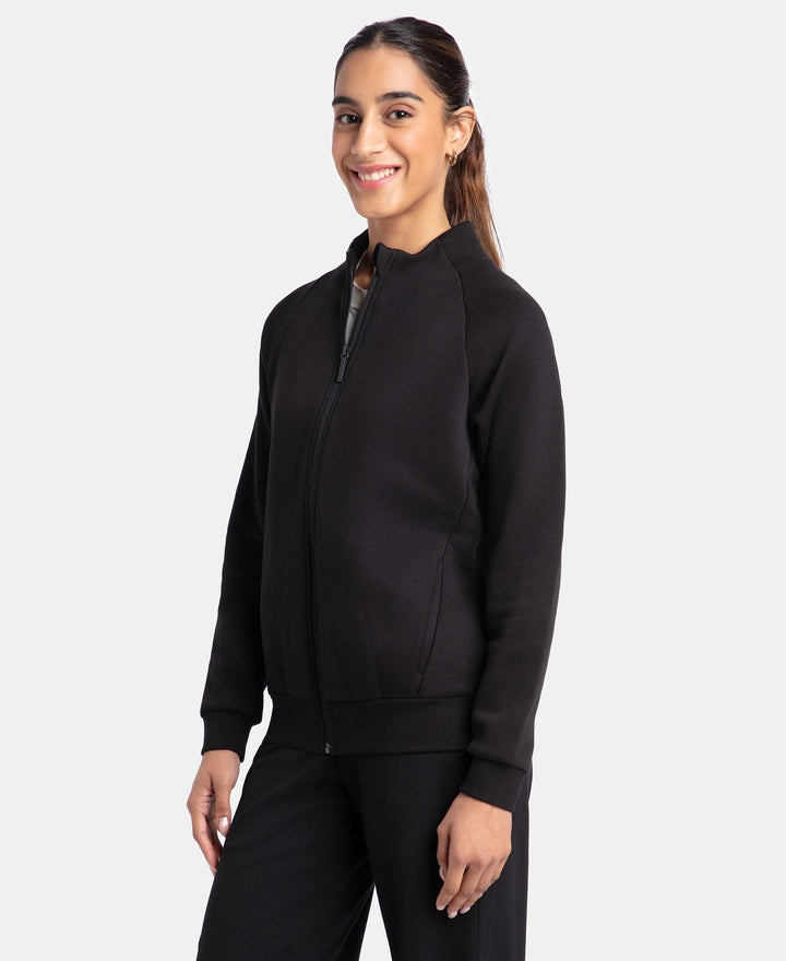 Super Combed Cotton Rich Fleece Fabric Full Zip High Neck Jacket with Front Pockets - Black