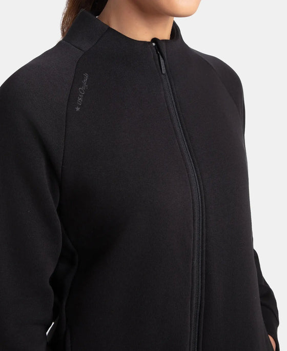 Super Combed Cotton Rich Fleece Fabric Full Zip High Neck Jacket with Front Pockets - Black