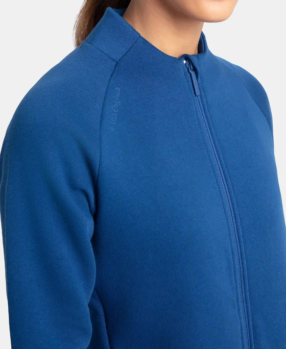 Super Combed Cotton Rich Fleece Fabric Full Zip High Neck Jacket with Front Pockets - Navy Peony