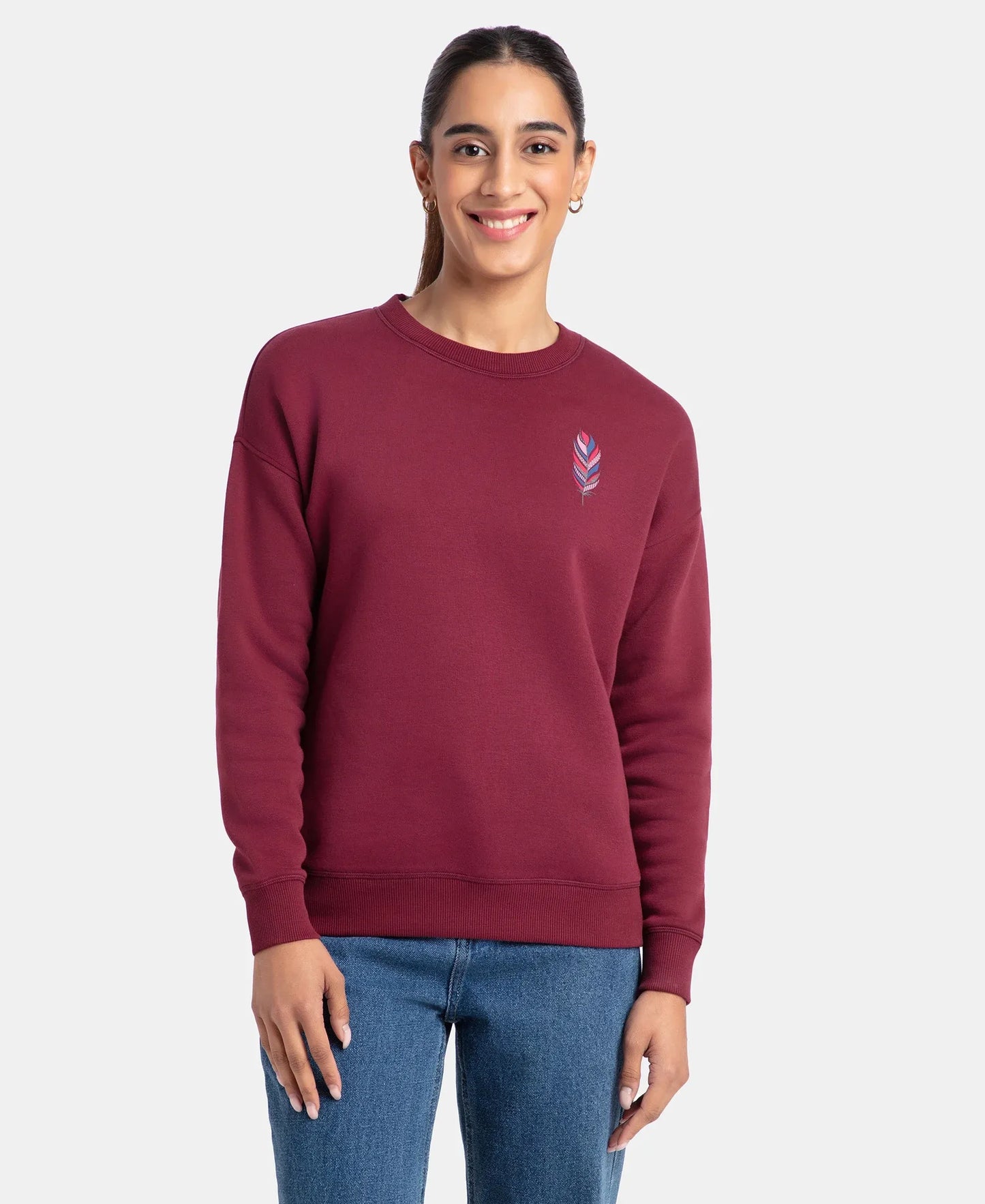 Super Combed Cotton Rich Fleece Fabric Printed Sweatshirt with Drop Shoulder Styling - Maroon Banner