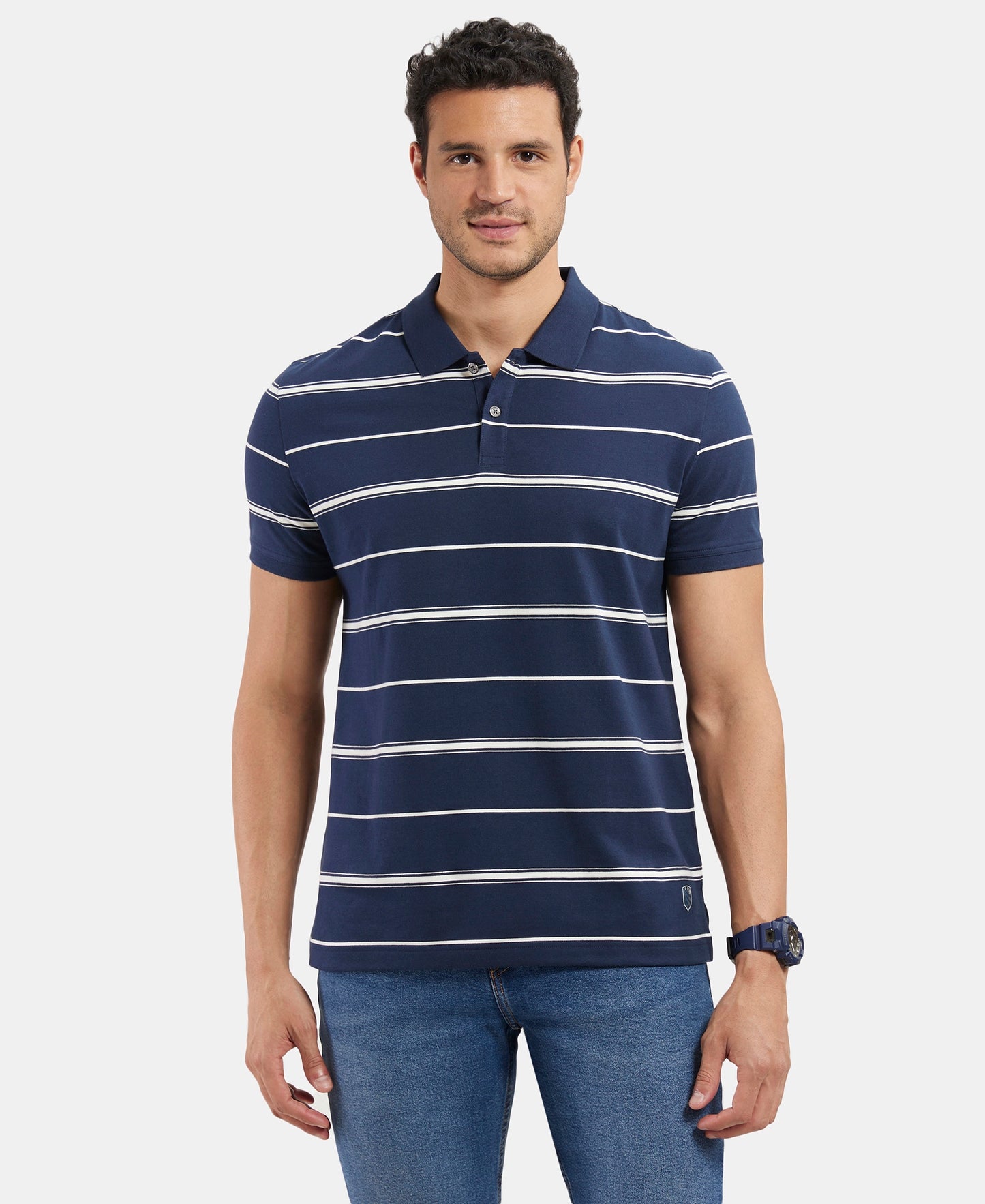 Super Combed Cotton Rich Striped Half Sleeve Polo T-Shirt - Navy & Ecru