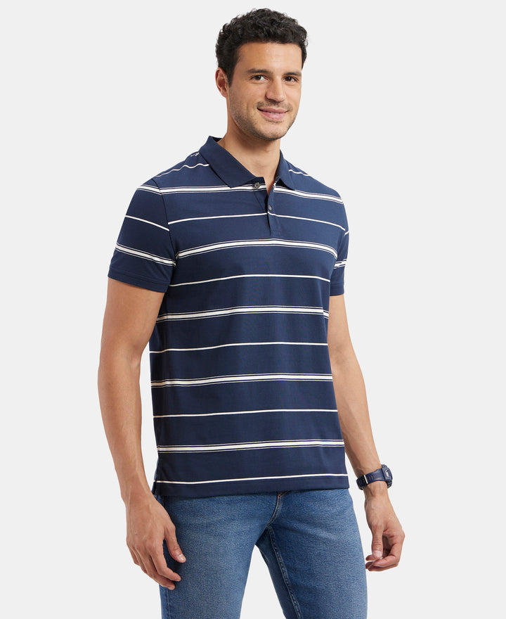 Super Combed Cotton Rich Striped Half Sleeve Polo T-Shirt - Navy & Ecru