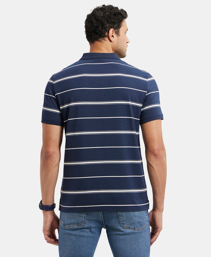 Super Combed Cotton Rich Striped Half Sleeve Polo T-Shirt - Navy & Ecru