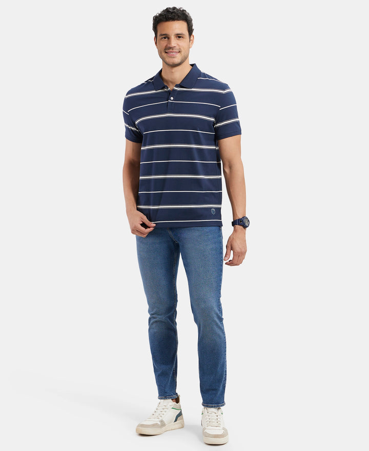 Super Combed Cotton Rich Striped Half Sleeve Polo T-Shirt - Navy & Ecru