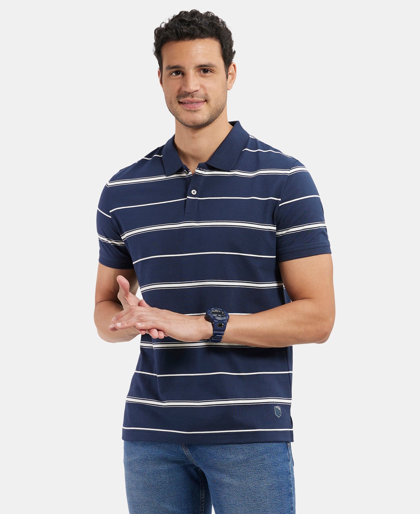 Super Combed Cotton Rich Striped Half Sleeve Polo T-Shirt - Navy & Ecru