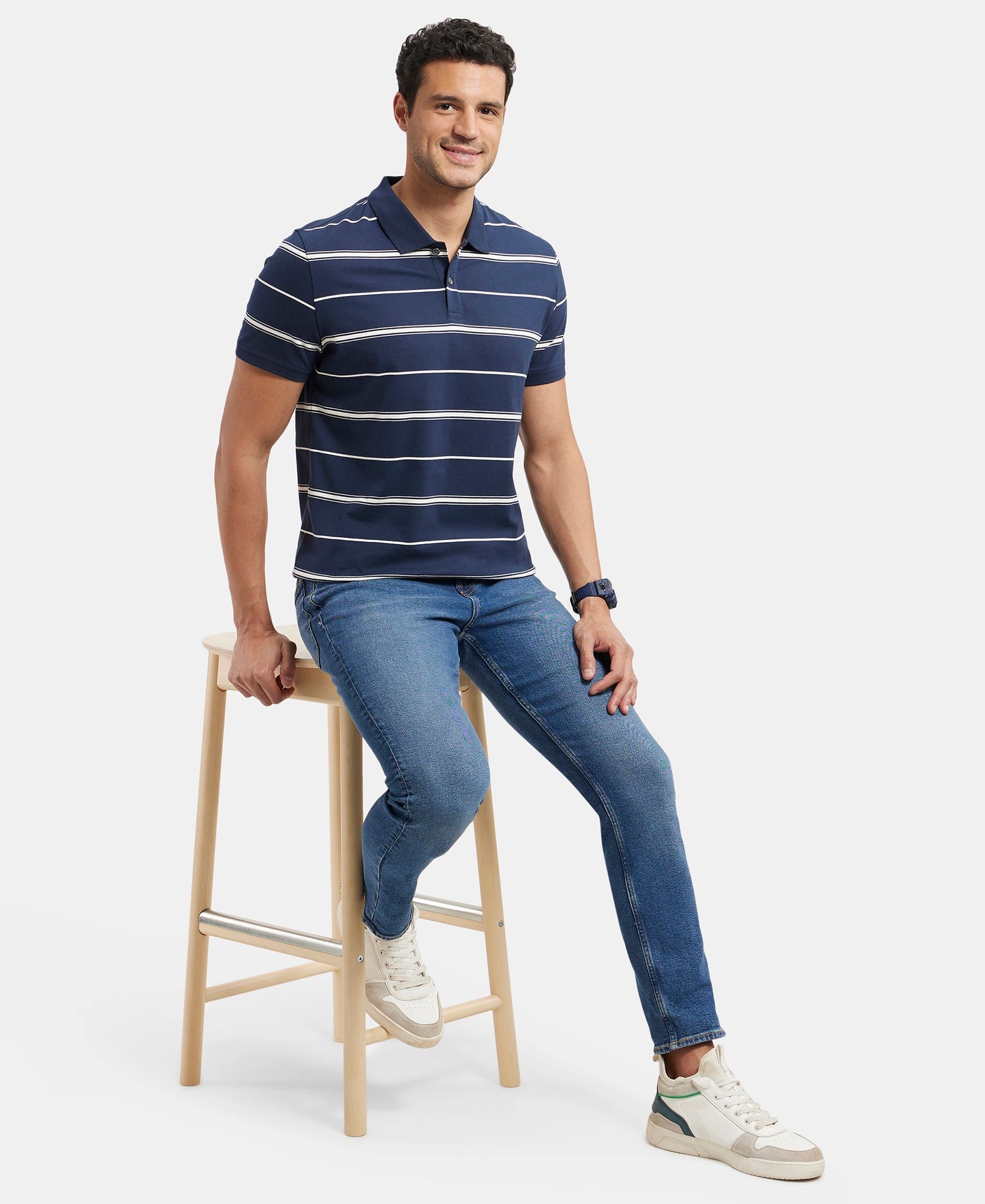 Super Combed Cotton Rich Striped Half Sleeve Polo T-Shirt - Navy & Ecru