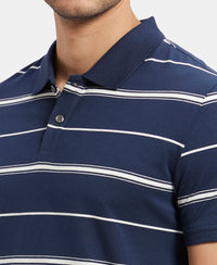 Super Combed Cotton Rich Striped Half Sleeve Polo T-Shirt - Navy & Ecru