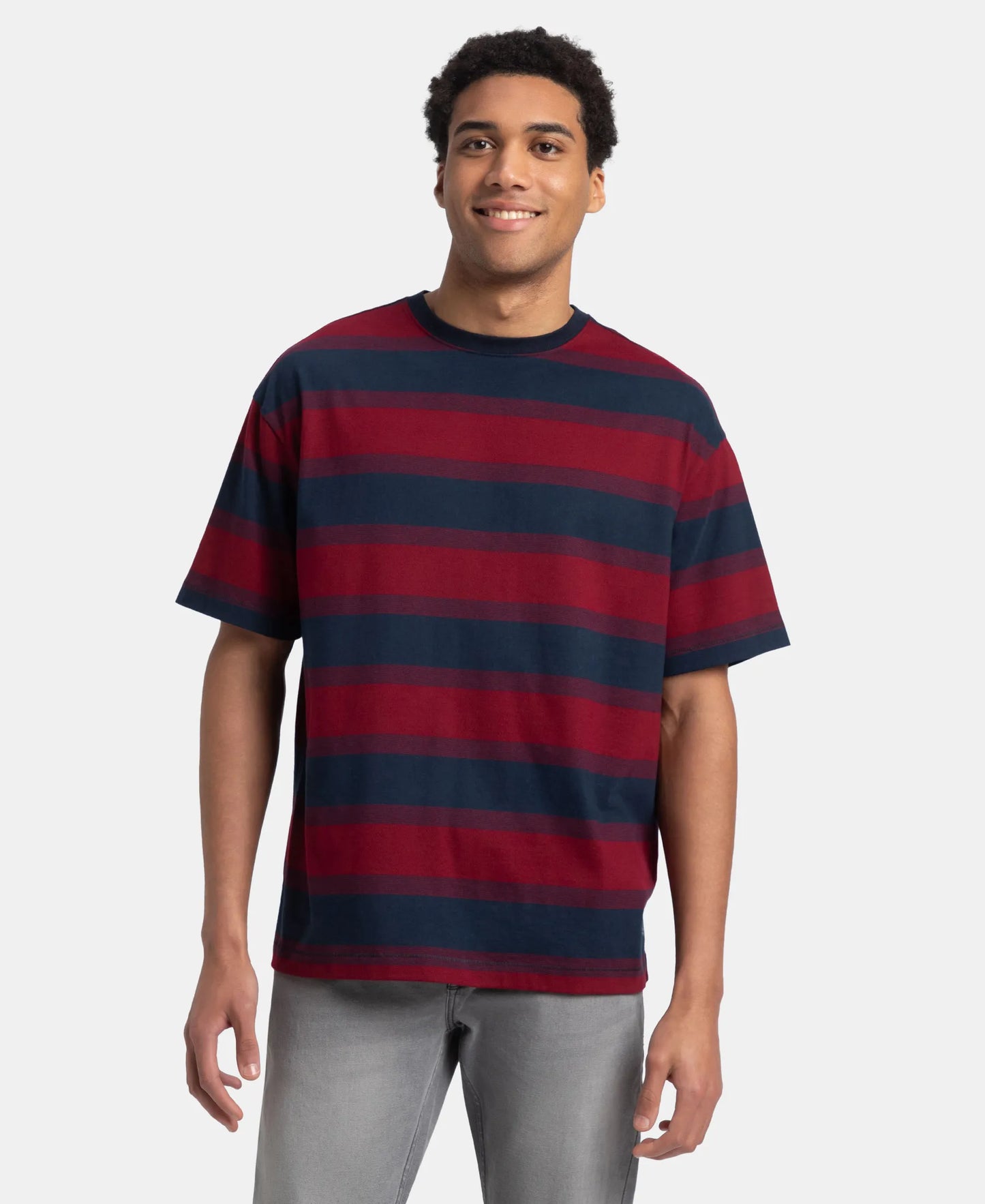 Super Combed Cotton Rich Striped Oversized T-Shirt - Deep Red & Navy