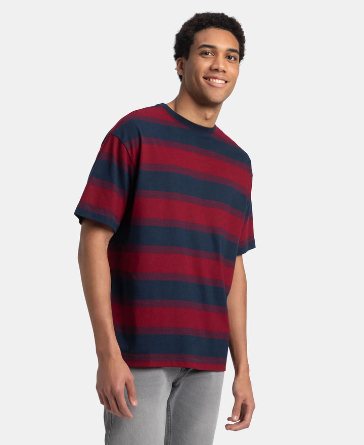 Super Combed Cotton Rich Striped Oversized T-Shirt - Deep Red & Navy