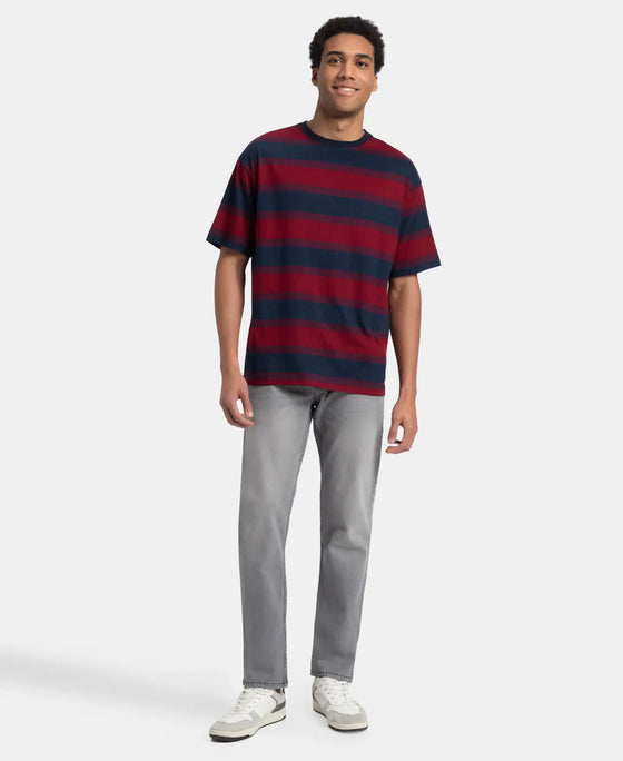 Super Combed Cotton Rich Striped Oversized T-Shirt - Deep Red & Navy