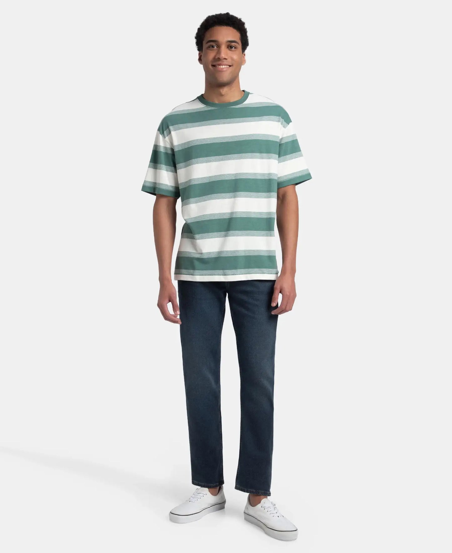 Super Combed Cotton Rich Striped Oversized T-Shirt - Ecru & Green Spruce