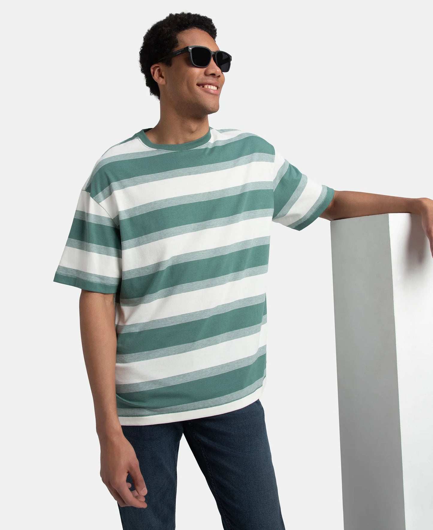 Super Combed Cotton Rich Striped Oversized T-Shirt - Ecru & Green Spruce