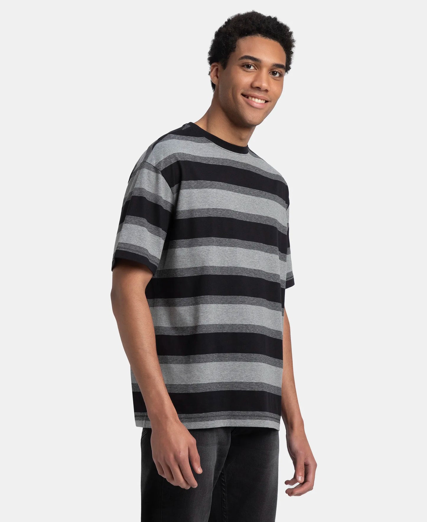 Super Combed Cotton Rich Striped Oversized T-Shirt - Mid Grey Melange & Black