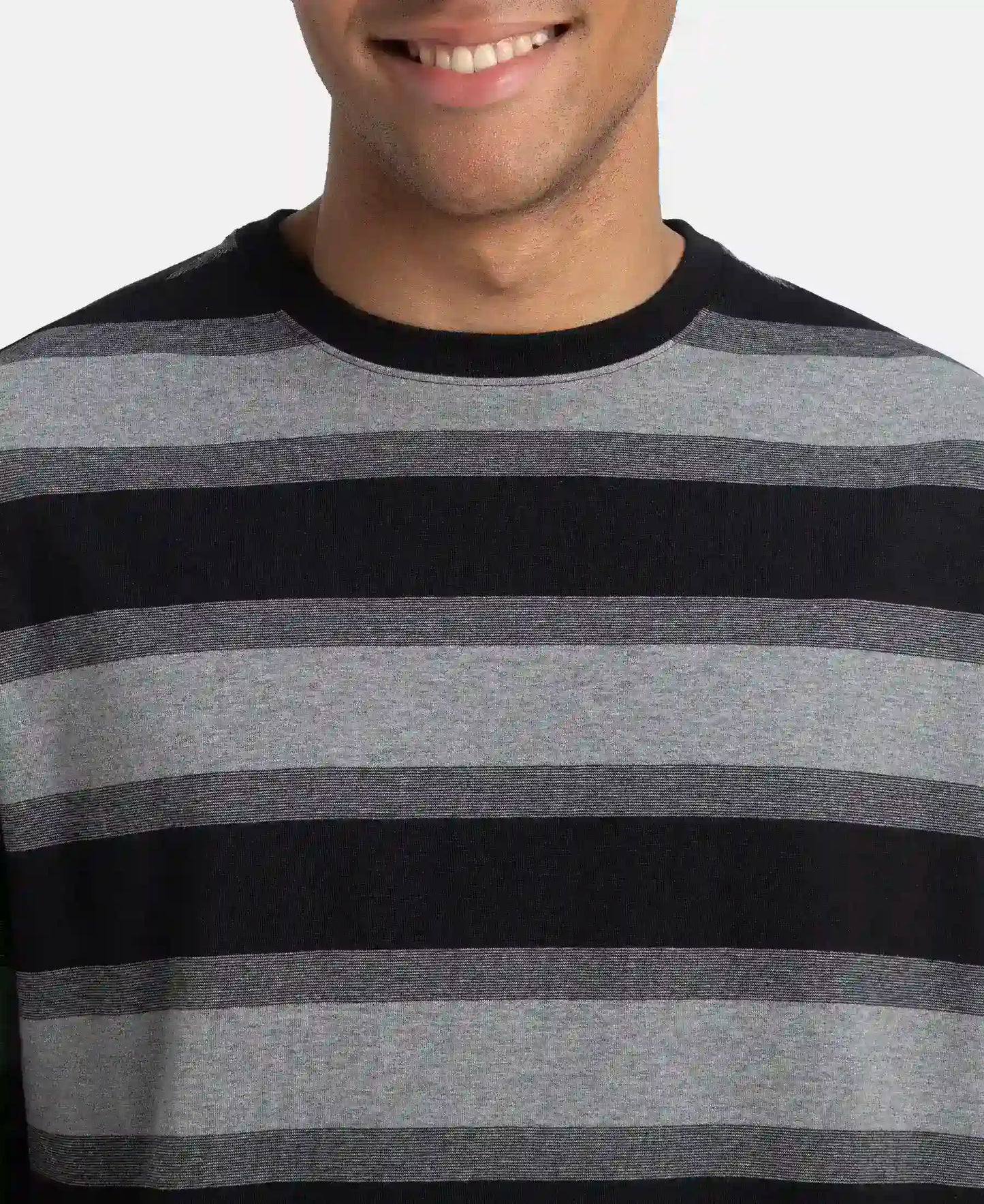 Super Combed Cotton Rich Striped Oversized T-Shirt - Mid Grey Melange & Black