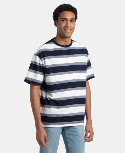 Super Combed Cotton Rich Striped Oversized T-Shirt - White & Navy Melange