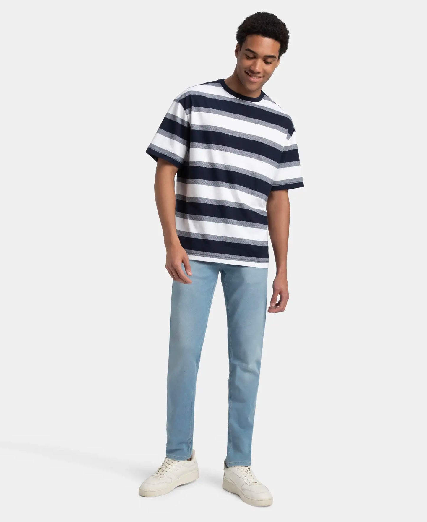 Super Combed Cotton Rich Striped Oversized T-Shirt - White & Navy Melange