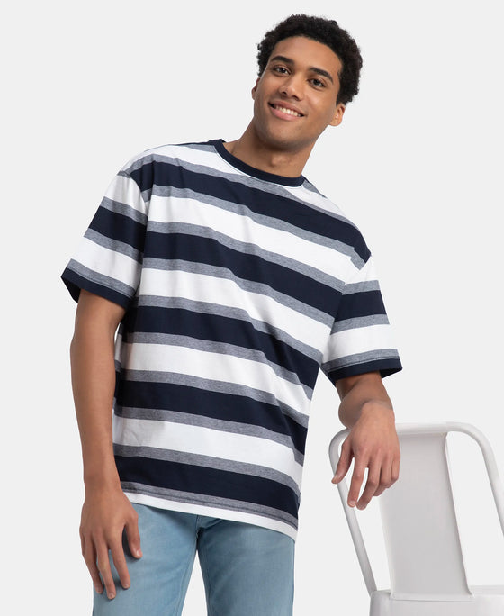 Super Combed Cotton Rich Striped Oversized T-Shirt - White & Navy Melange