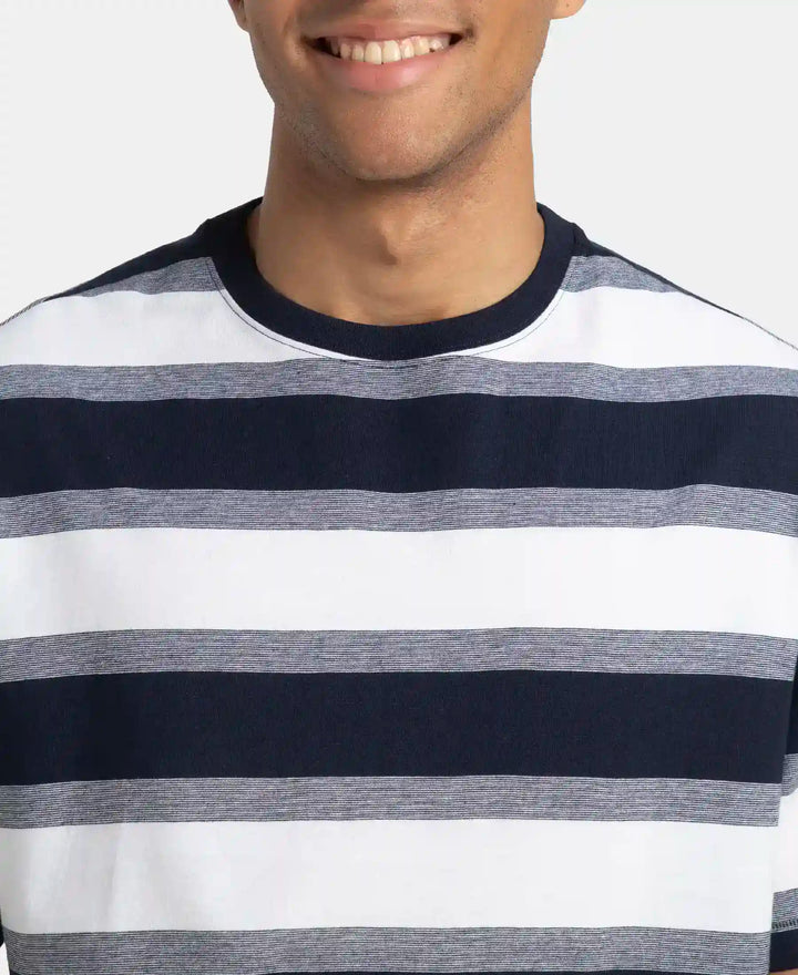 Super Combed Cotton Rich Striped Oversized T-Shirt - White & Navy Melange