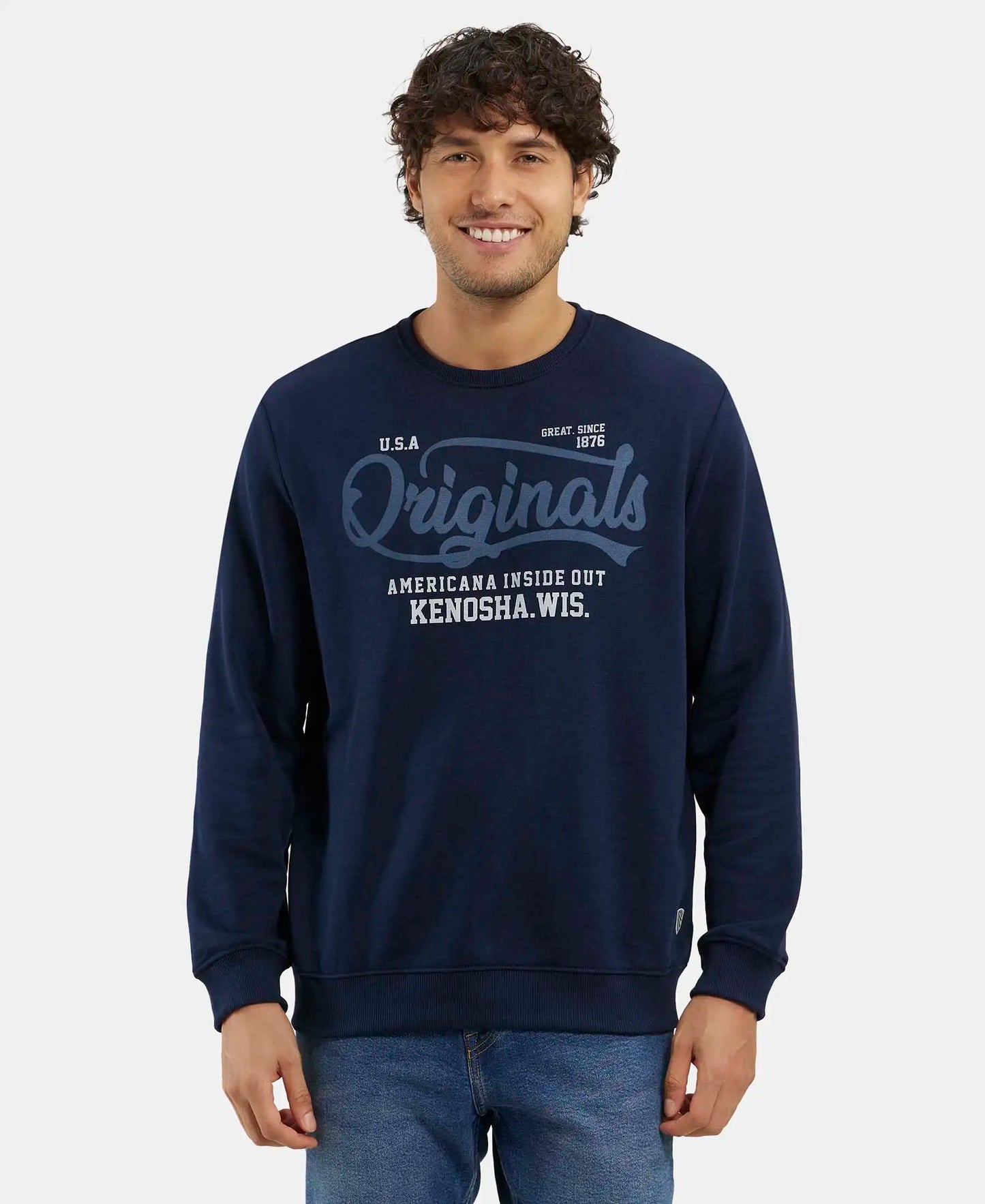 Super Combed Cotton Rich French Terry Printed Sweatshirt with Ribbed Cuffs - Navy-1