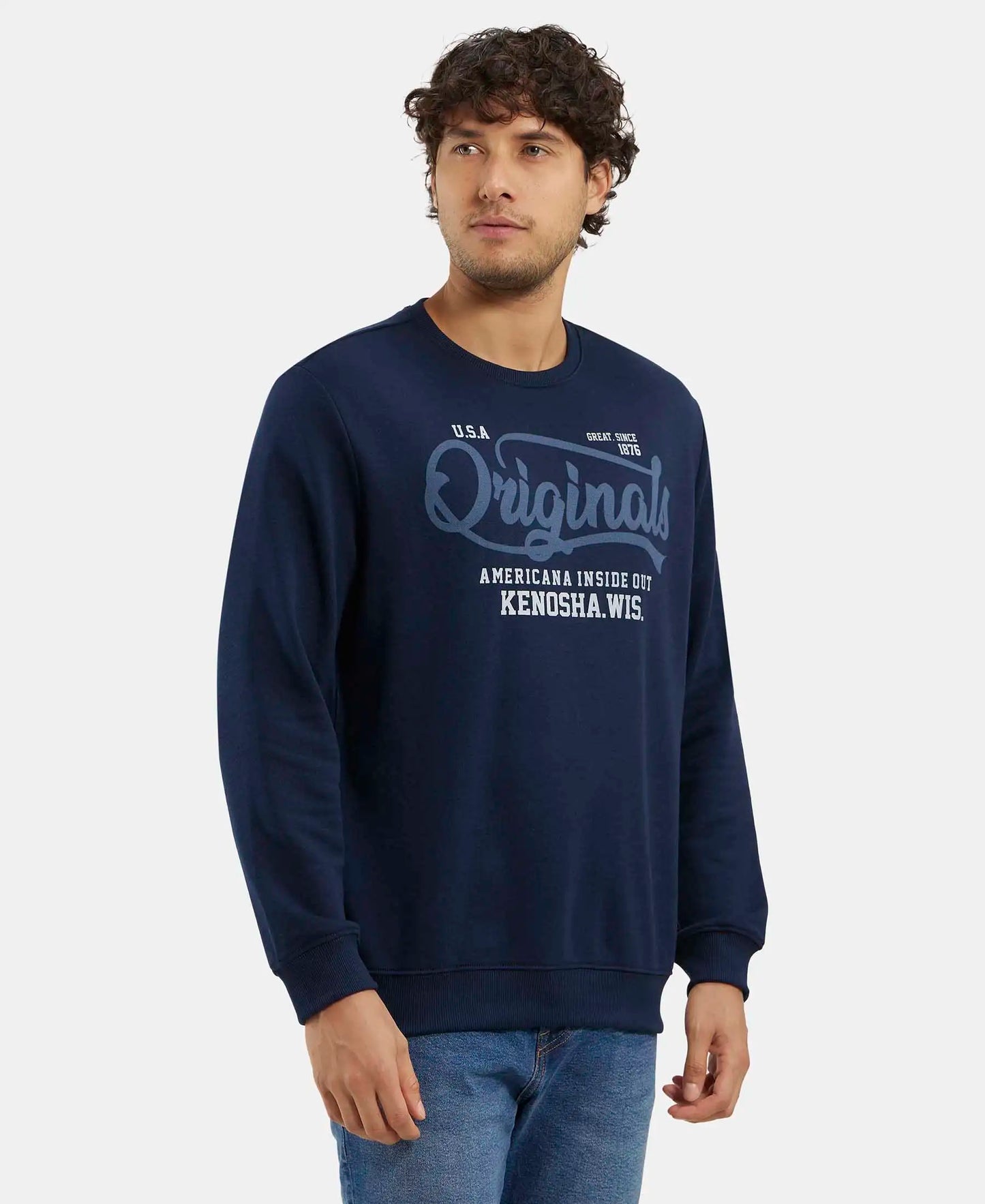 Super Combed Cotton Rich French Terry Printed Sweatshirt with Ribbed Cuffs - Navy-2