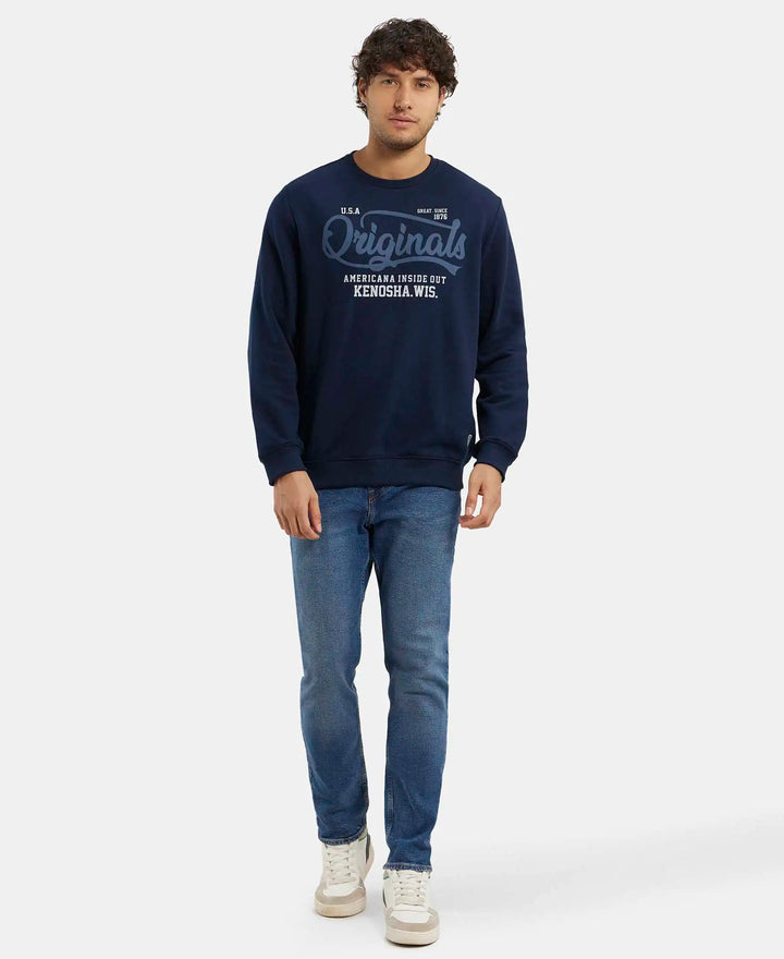 Super Combed Cotton Rich French Terry Printed Sweatshirt with Ribbed Cuffs - Navy-4