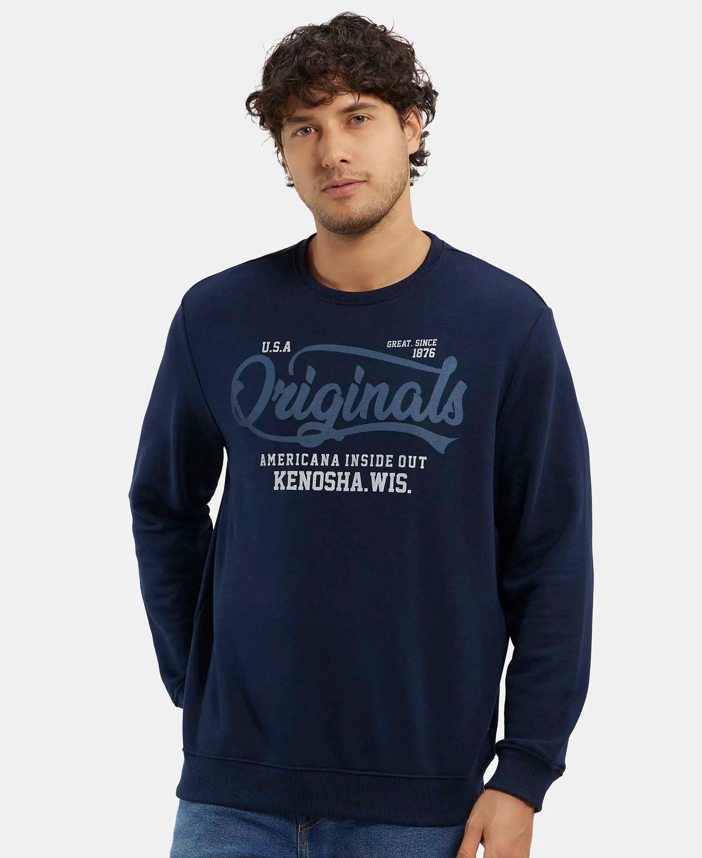 Super Combed Cotton Rich French Terry Printed Sweatshirt with Ribbed Cuffs - Navy-5