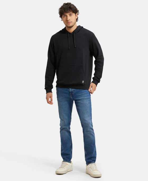 Super Combed Cotton Rich French Terry Hoodie Sweatshirt with Ribbed Cuffs - Black-4